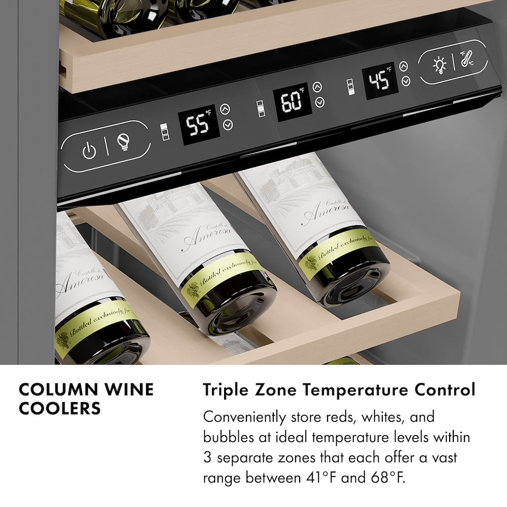 ZLINE Column Wine Coolers Infographic. Triple Zone Temperature Control. Text: Conveniently store reds, white, and bubbles at ideal temperature levels within 3 separate zones that each offer a vast range between 41 degrees Fahrenheit and 68 degrees Fahrenheit.