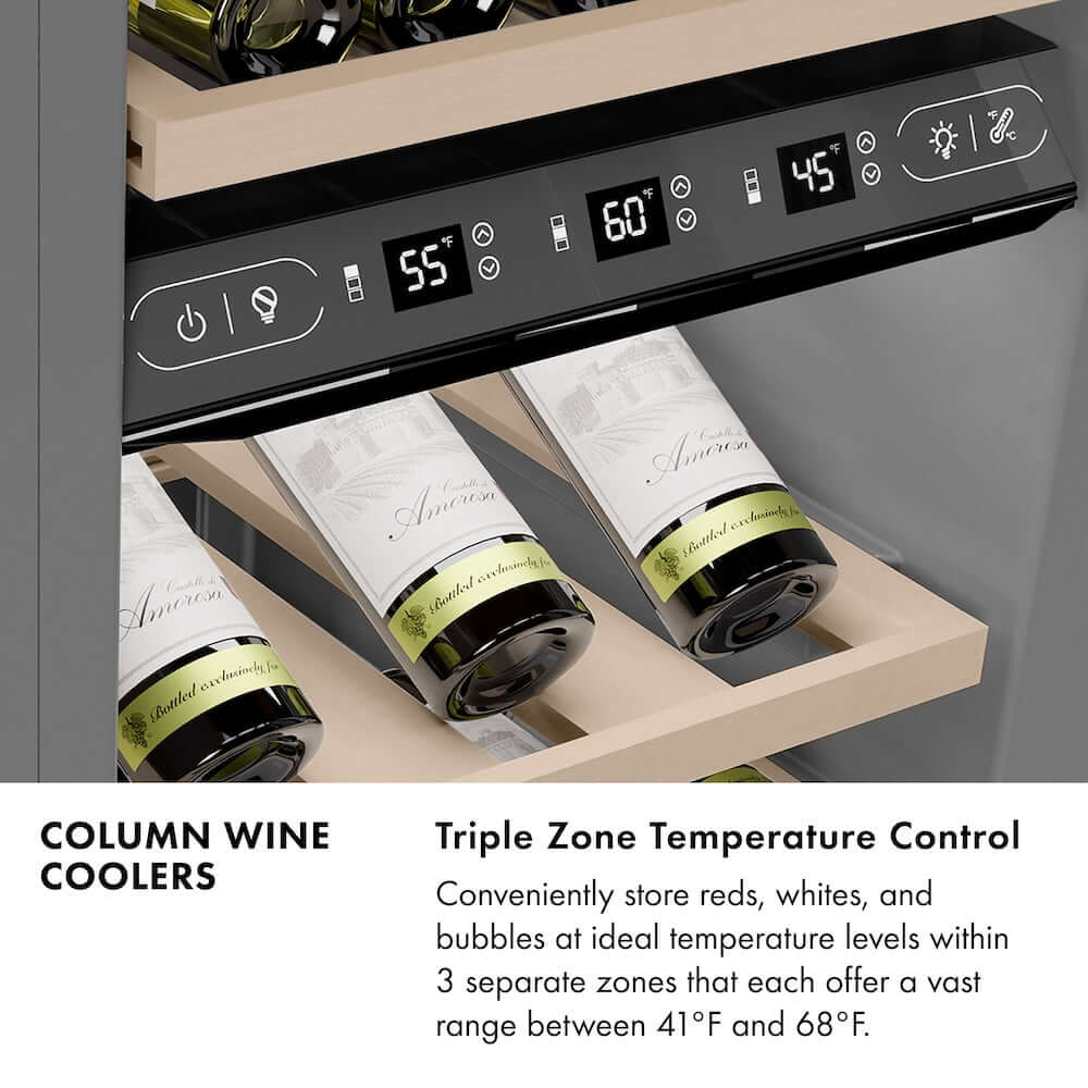 ZLINE Column Wine Coolers Infographic. Triple Zone Temperature Control. Text: Conveniently store reds, white, and bubbles at ideal temperature levels within 3 separate zones that each offer a vast range between 41 degrees Fahrenheit and 68 degrees Fahrenheit.