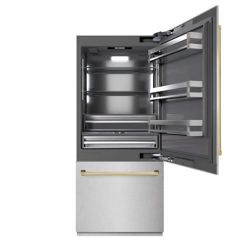 ZLINE Autograph Edition 36 in. 19.8 cu. ft. Built-In Bottom Freezer Refrigerator with Water Dispenser and Ice Maker in Satin Stainless Steel with Graphite Gray Interior and Polished Gold Accents (GRBITZ-SN-36-G) front, refrigeration compartment open.