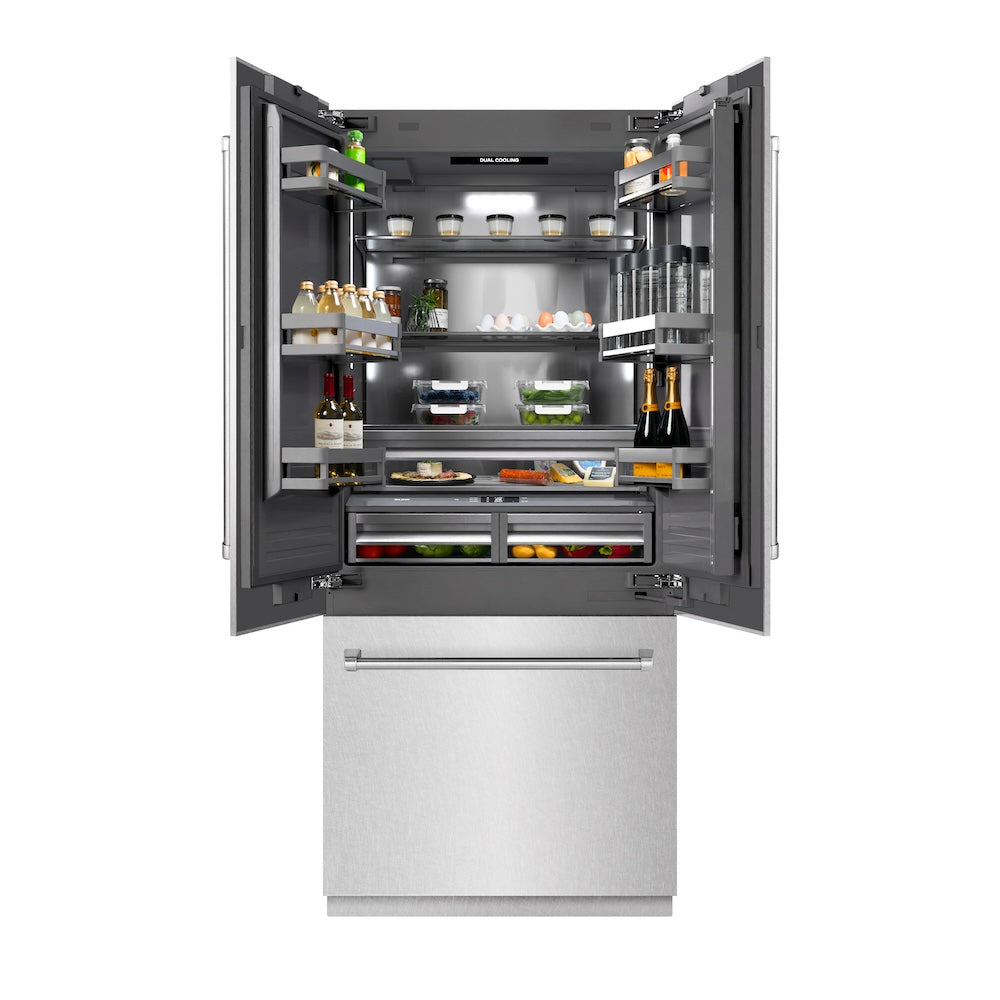 ZLINE 36 in. 19.6 cu. ft. French Door Built-In Bottom Freezer Refrigerator with Water Dispenser and Ice Maker in Satin Stainless Steel with Graphite Gray Interior (GRBIV-SN-36) main image.
