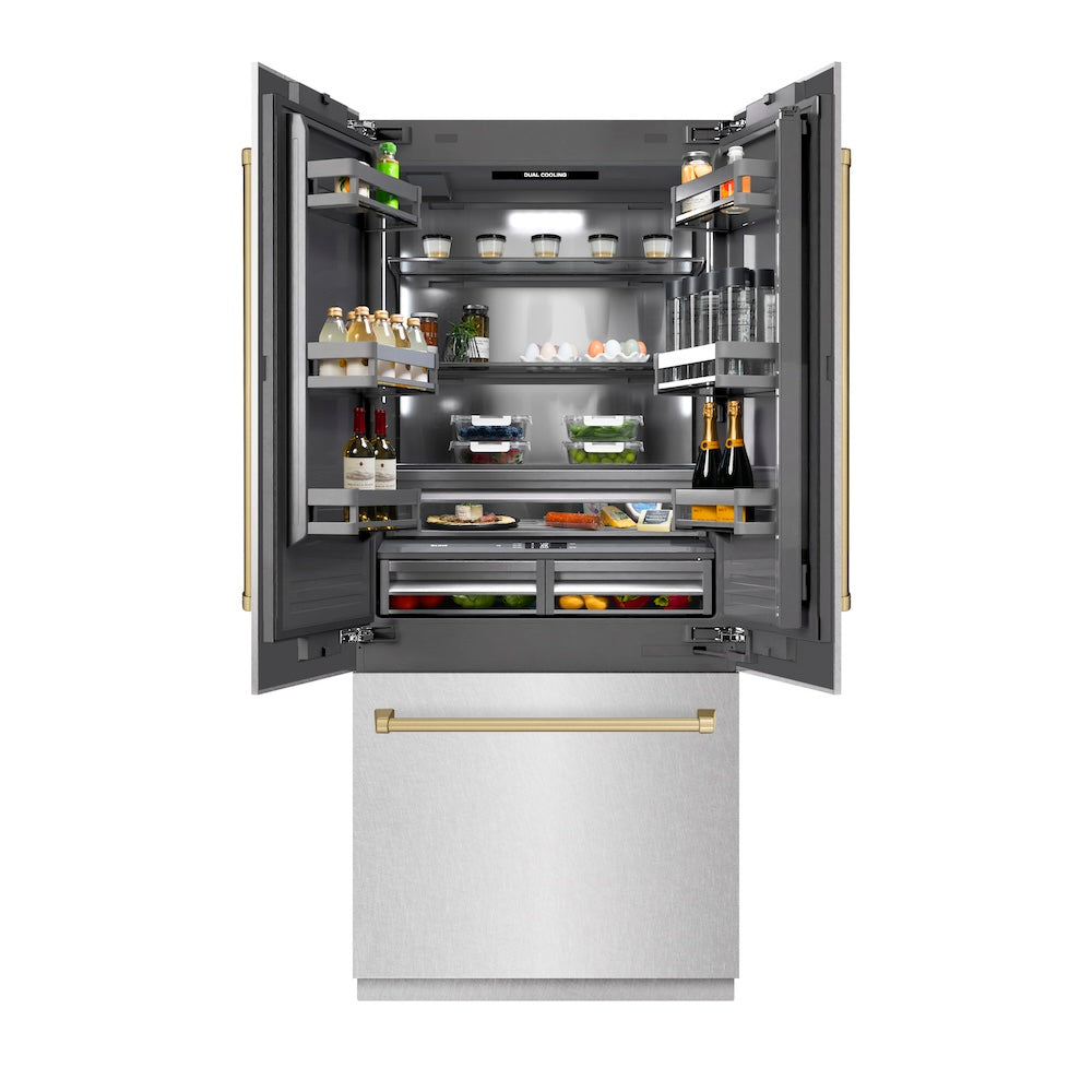 ZLINE Autograph Edition 36 in. 19.6 cu. ft. French Door Built-In Bottom Freezer Refrigerator with Water Dispenser and Ice Maker in Satin Stainless Steel with Graphite Gray Interior and Champagne Bronze Accents (GRBIVZ-SN-36-CB) main image.