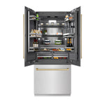 ZLINE Autograph Edition 36 in. 19.6 cu. ft. French Door Built-In Bottom Freezer Refrigerator with Water Dispenser and Ice Maker in Satin Stainless Steel with Graphite Gray Interior and Champagne Bronze Accents (GRBIVZ-SN-36-CB)