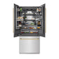 ZLINE Autograph Edition 36 in. 19.6 cu. ft. French Door Built-In Bottom Freezer Refrigerator with Water Dispenser and Ice Maker in Satin Stainless Steel with Graphite Gray Interior and Polished Gold Accents (GRBIVZ-SN-36-G) front, open, with food inside refrigeration compartment.
