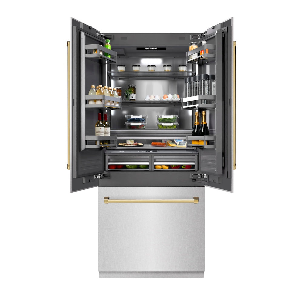 ZLINE Autograph Edition 36 in. 19.6 cu. ft. French Door Built-In Bottom Freezer Refrigerator with Water Dispenser and Ice Maker in Satin Stainless Steel with Graphite Gray Interior and Polished Gold Accents (GRBIVZ-SN-36-G) front, open, with food inside refrigeration compartment.