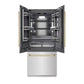 ZLINE Autograph Edition 36 in. 19.6 cu. ft. French Door Built-In Bottom Freezer Refrigerator with Water Dispenser and Ice Maker in Satin Stainless Steel with Graphite Gray Interior and Polished Gold Accents (GRBIVZ-SN-36-G) front, refrigeration compartment open.