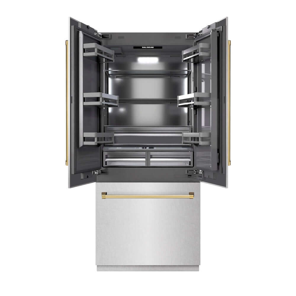 ZLINE Autograph Edition 36 in. 19.6 cu. ft. French Door Built-In Bottom Freezer Refrigerator with Water Dispenser and Ice Maker in Satin Stainless Steel with Graphite Gray Interior and Polished Gold Accents (GRBIVZ-SN-36-G) front, refrigeration compartment open.