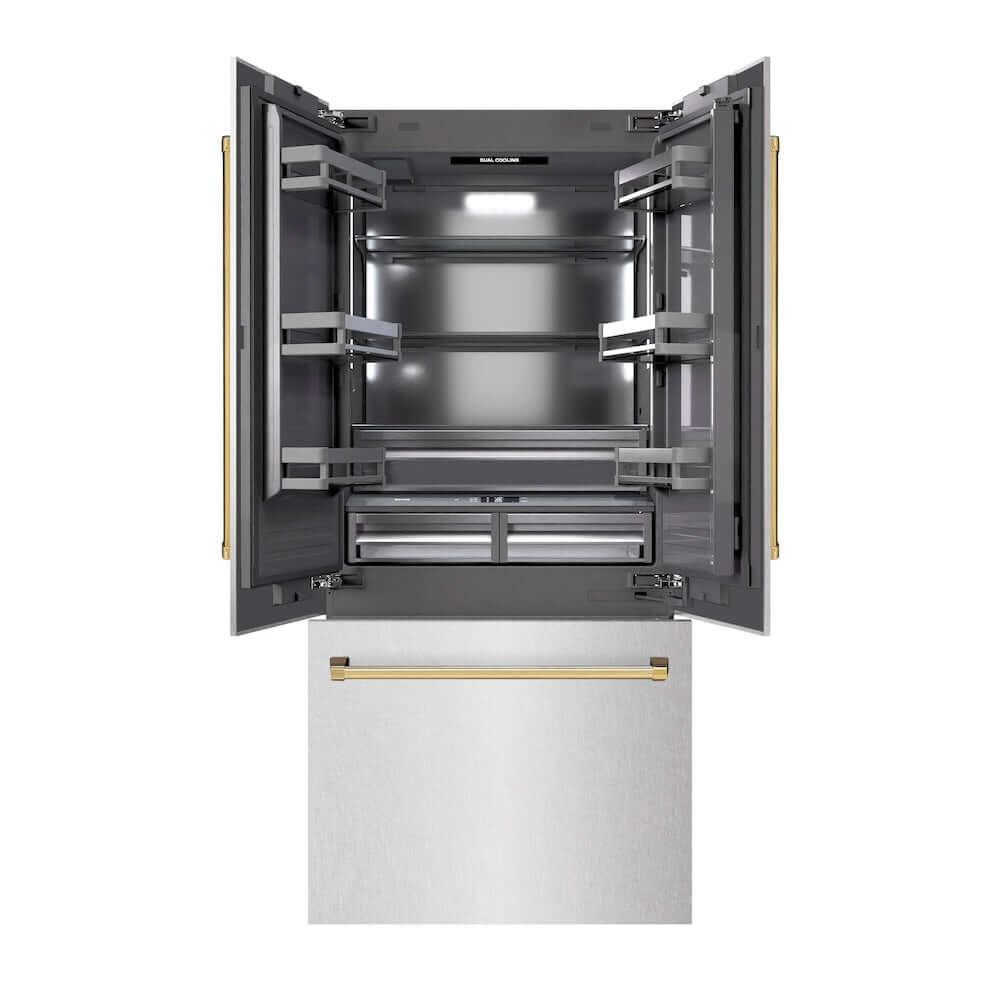 ZLINE Autograph Edition 36 in. 19.6 cu. ft. French Door Built-In Bottom Freezer Refrigerator with Water Dispenser and Ice Maker in Satin Stainless Steel with Graphite Gray Interior and Polished Gold Accents (GRBIVZ-SN-36-G) main image.