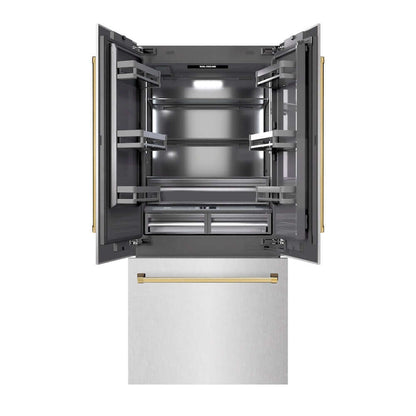 ZLINE Autograph Edition 36 in. 19.6 cu. ft. French Door Built-In Bottom Freezer Refrigerator with Water Dispenser and Ice Maker in Satin Stainless Steel with Graphite Gray Interior and Polished Gold Accents (GRBIVZ-SN-36-G)