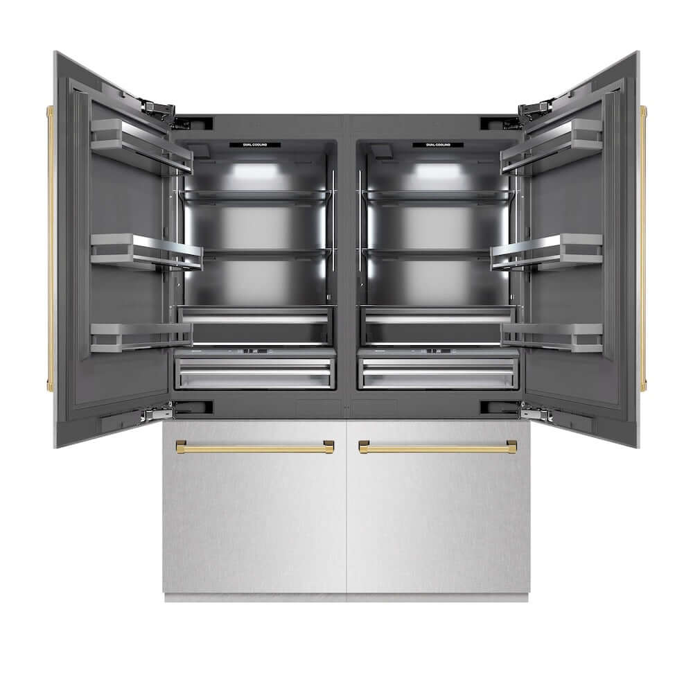 ZLINE Autograph Edition 60 in. 32.2 cu. ft. French Door Built-In Bottom Freezer Refrigerator with Water Dispenser and Ice Maker in Satin Stainless Steel with Graphite Gray Interior and Polished Gold Accents (GRBIVZ-SN-60-G) front, refrigeration compartment open.