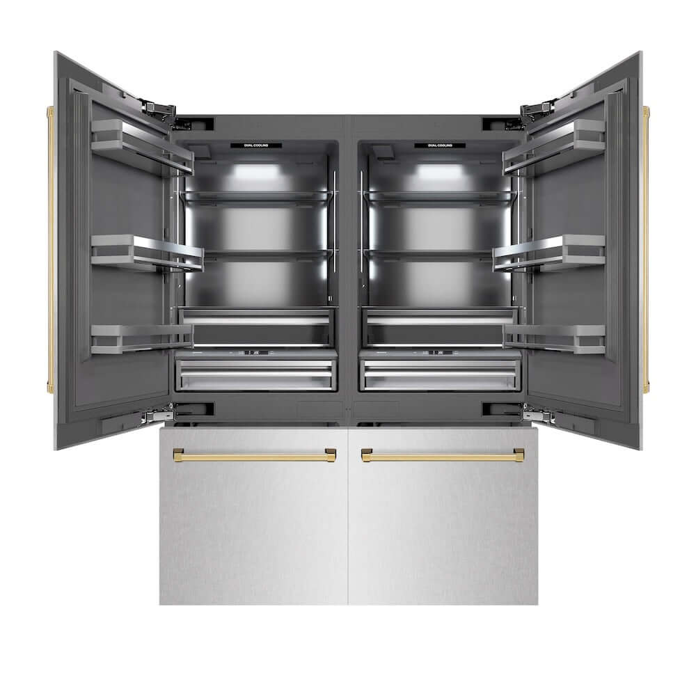 ZLINE Autograph Edition 60 in. 32.2 cu. ft. French Door Built-In Bottom Freezer Refrigerator with Water Dispenser and Ice Maker in Satin Stainless Steel with Graphite Gray Interior and Polished Gold Accents (GRBIVZ-SN-60-G) main image.