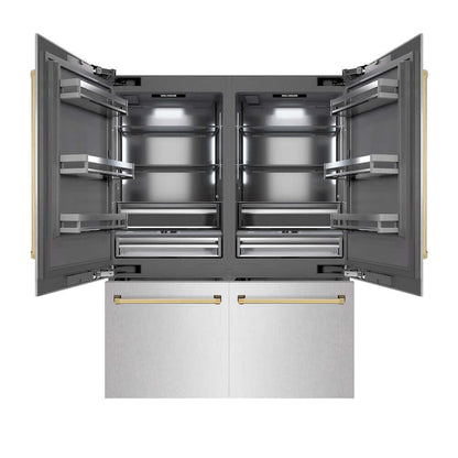 ZLINE Autograph Edition 60 in. 32.2 cu. ft. French Door Built-In Bottom Freezer Refrigerator with Water Dispenser and Ice Maker in Satin Stainless Steel with Graphite Gray Interior and Polished Gold Accents (GRBIVZ-SN-60-G)