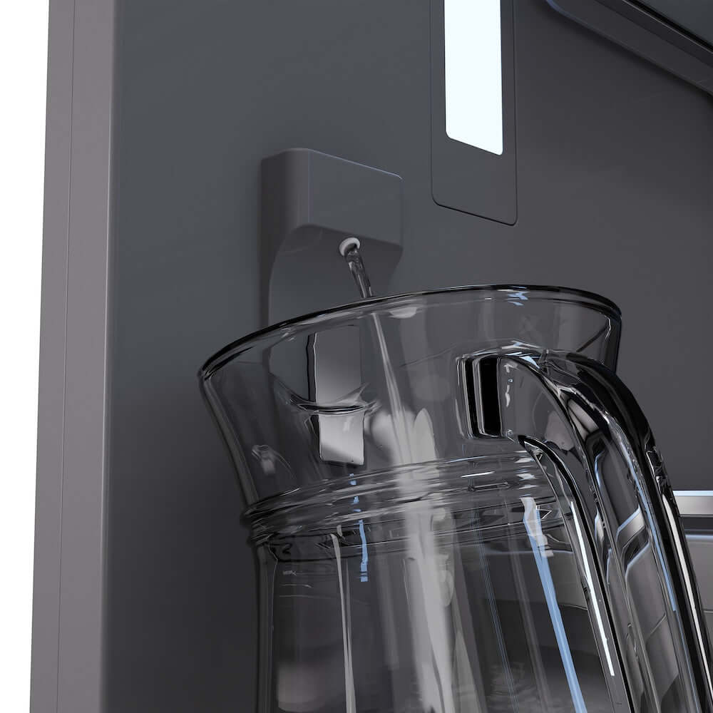 ZLINE Autograph Edition 60 in. 32.2 cu. ft. French Door Built-In Bottom Freezer Refrigerator with Water Dispenser and Ice Maker in Satin Stainless Steel with Graphite Gray Interior and Polished Gold Accents (GRBIVZ-SN-60-G) close-up detail, interior water dispenser.