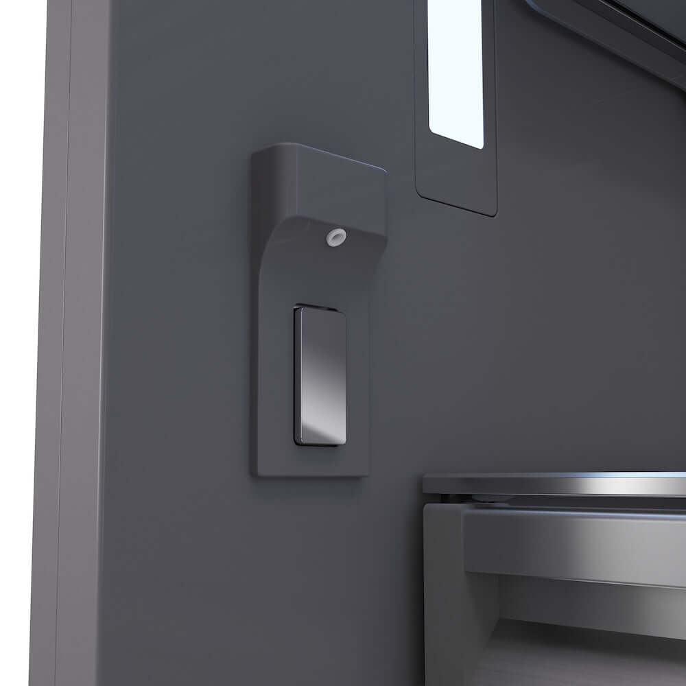 ZLINE Autograph Edition 60 in. 32.2 cu. ft. French Door Built-In Bottom Freezer Refrigerator with Water Dispenser and Ice Maker in Satin Stainless Steel with Graphite Gray Interior and Polished Gold Accents (GRBIVZ-SN-60-G) close-up detail, interior water dispenser.