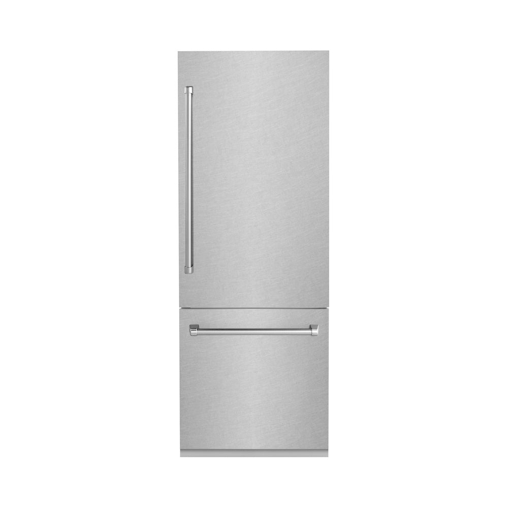 ZLINE 30 in. 16.1 cu. ft. Built-In 2-Door Bottom Freezer Refrigerator with Internal Water and Ice Dispenser in Fingerprint Resistant Stainless Steel (RBIV-SN-30) front, closed.