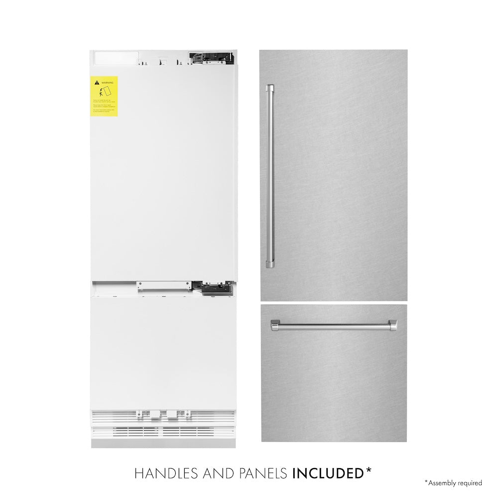 ZLINE 30 in. 16.1 cu. ft. Built-In 2-Door Bottom Freezer Refrigerator with Internal Water and Ice Dispenser in Fingerprint Resistant Stainless Steel (RBIV-SN-30) front, refrigeration unit next to panels. Text: Handles and Panels Included.