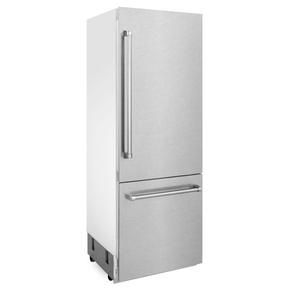 ZLINE 30 in. 16.1 cu. ft. Built-In 2-Door Bottom Freezer Refrigerator with Internal Water and Ice Dispenser in Fingerprint Resistant Stainless Steel (RBIV-SN-30) side, closed.