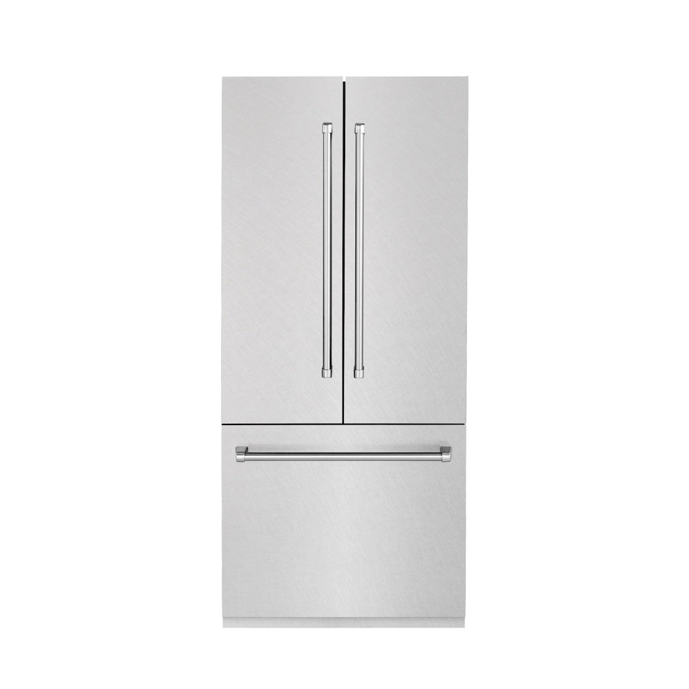 ZLINE 36 in. 19.6 cu. ft. Built-In 2-Door Bottom Freezer Refrigerator with Internal Water and Ice Dispenser in Fingerprint Resistant Stainless Steel (RBIV-SN-36) front, closed.
