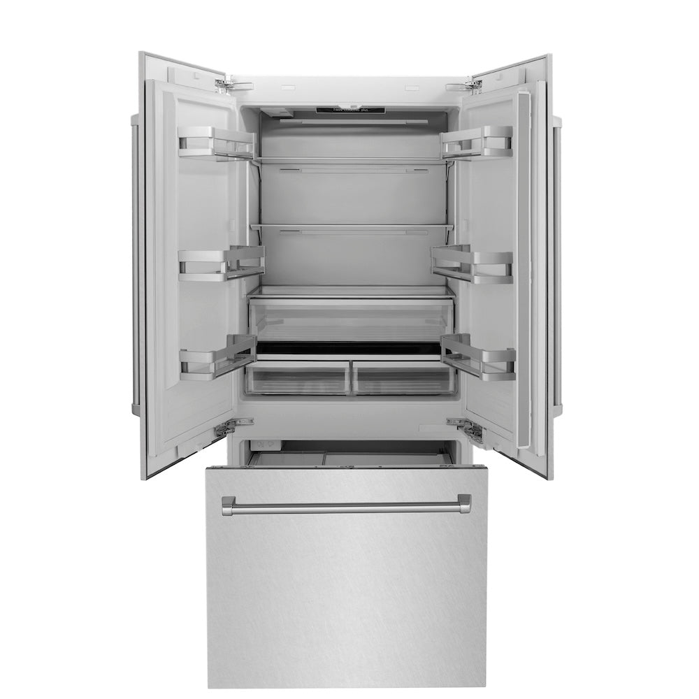 ZLINE 36 in. 19.6 cu. ft. Built-In 2-Door Bottom Freezer Refrigerator with Internal Water and Ice Dispenser in Fingerprint Resistant Stainless Steel (RBIV-SN-36) front, open.