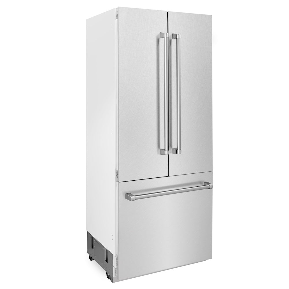 ZLINE 36 in. 19.6 cu. ft. Built-In 2-Door Bottom Freezer Refrigerator with Internal Water and Ice Dispenser in Fingerprint Resistant Stainless Steel (RBIV-SN-36) side, closed.