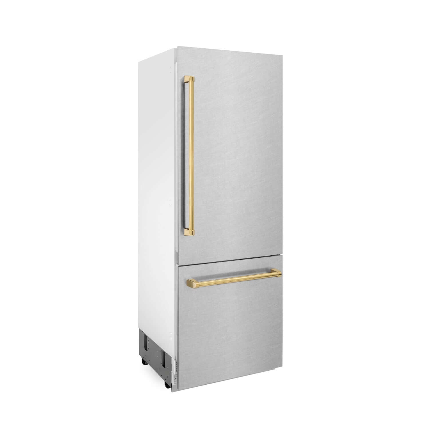 ZLINE Autograph Edition 30 in. 16.1 cu. ft. Built-in 2-Door Bottom Freezer Refrigerator with Internal Water and Ice Dispenser in Fingerprint Resistant Stainless Steel with Polished Gold Accents (RBIVZ-SN-30-G) side.