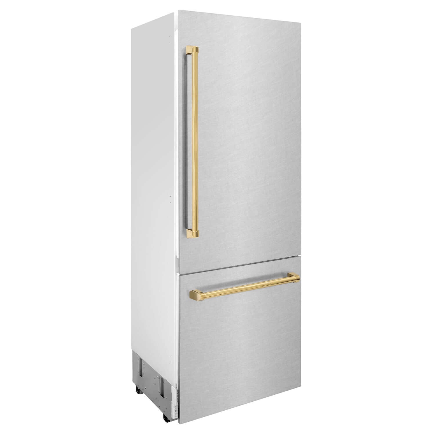 ZLINE Autograph Edition 30 in. 16.1 cu. ft. Built-in 2-Door Bottom Freezer Refrigerator with Internal Water and Ice Dispenser in Fingerprint Resistant Stainless Steel with Polished Gold Accents (RBIVZ-SN-30-G) side, closed.
