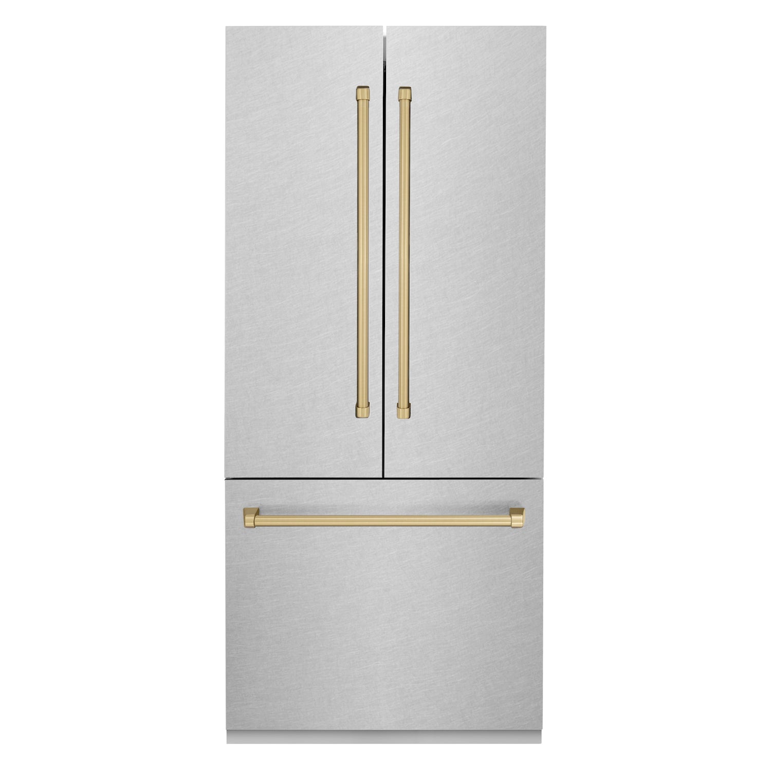 ZLINE Autograph Edition 36 in. 19.6 cu. ft. Built-in 2-Door Bottom Freezer Refrigerator with Internal Water and Ice Dispenser in Fingerprint Resistant Stainless Steel with Champagne Bronze Accents (RBIVZ-SN-36-CB) front, closed.