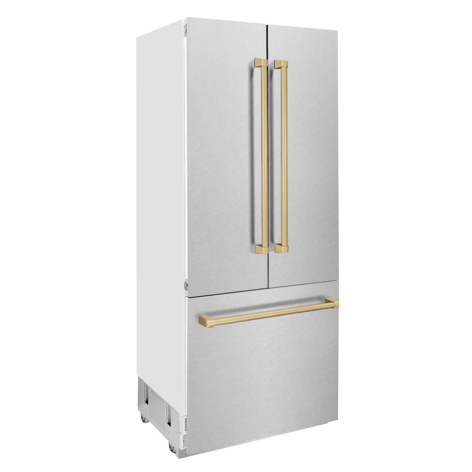ZLINE Autograph Edition 36 in. 19.6 cu. ft. Built-in 2-Door Bottom Freezer Refrigerator with Internal Water and Ice Dispenser in Fingerprint Resistant Stainless Steel with Champagne Bronze Accents (RBIVZ-SN-36-CB) side, closed.
