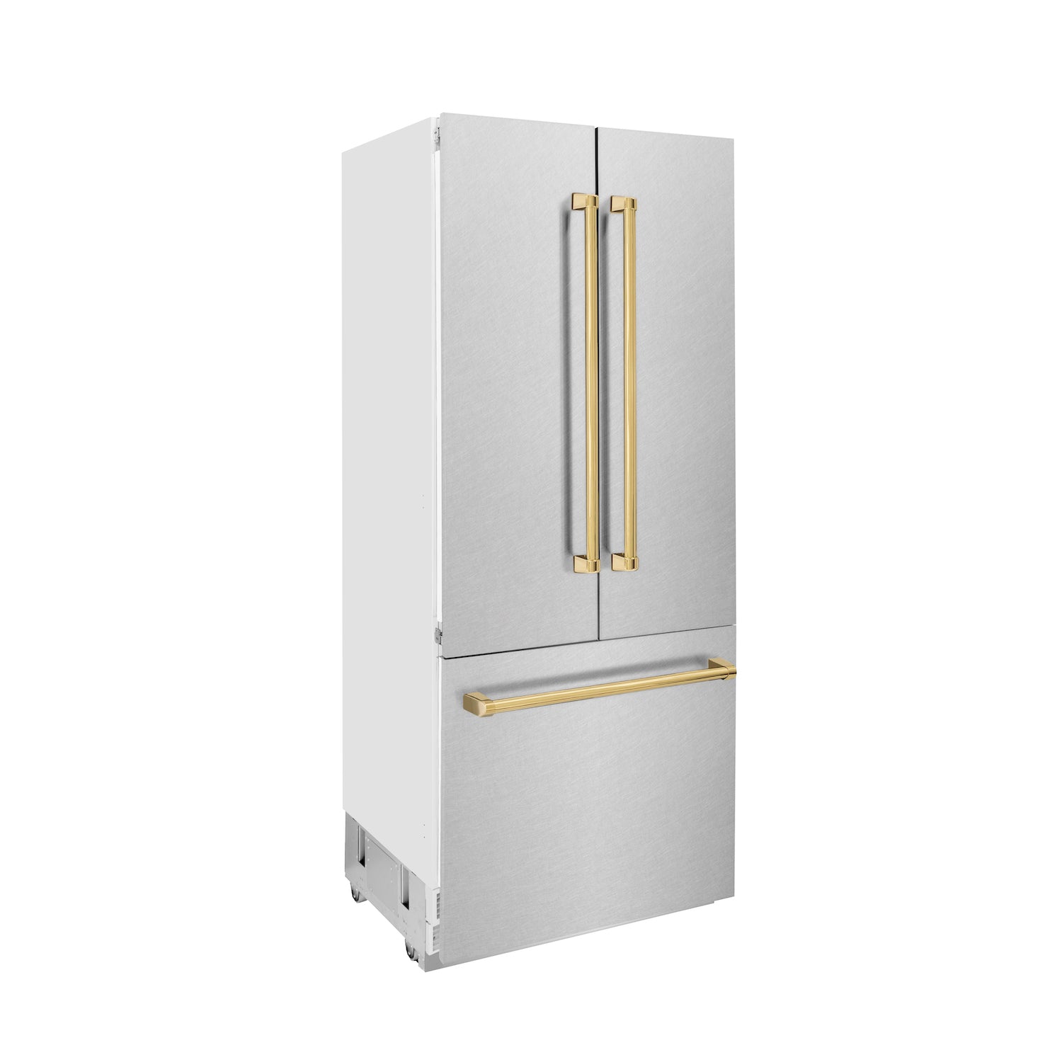 ZLINE Autograph Edition 36 in. 19.6 cu. ft. Built-in 2-Door Bottom Freezer Refrigerator with Internal Water and Ice Dispenser in Fingerprint Resistant Stainless Steel with Polished Gold Accents (RBIVZ-SN-36-G) side.