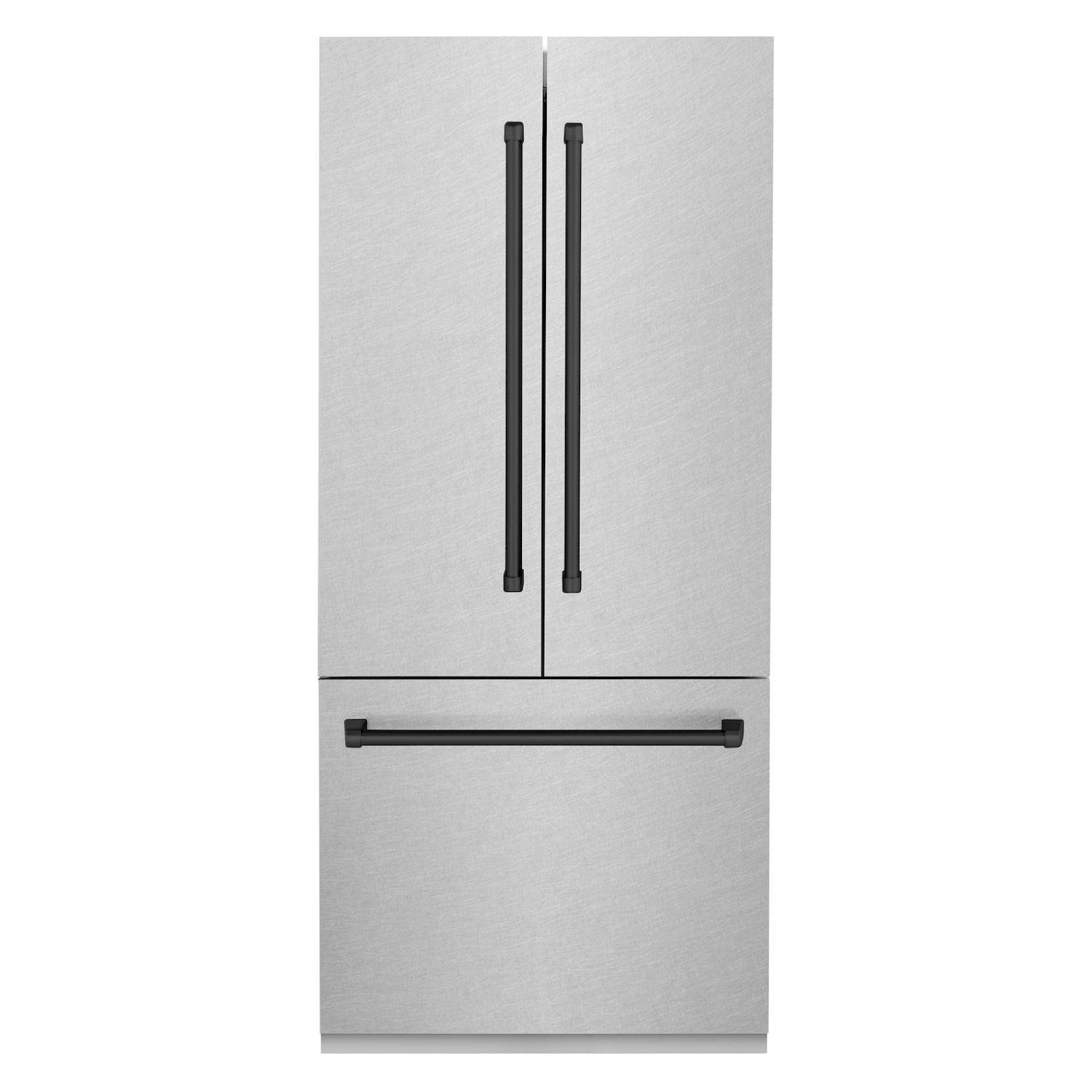 ZLINE Autograph Edition 36 in. 19.6 cu. ft. Built-in 2-Door Bottom Freezer Refrigerator with Internal Water and Ice Dispenser in Fingerprint Resistant Stainless Steel with Matte Black Accents (RBIVZ-SN-36-MB) front, closed.