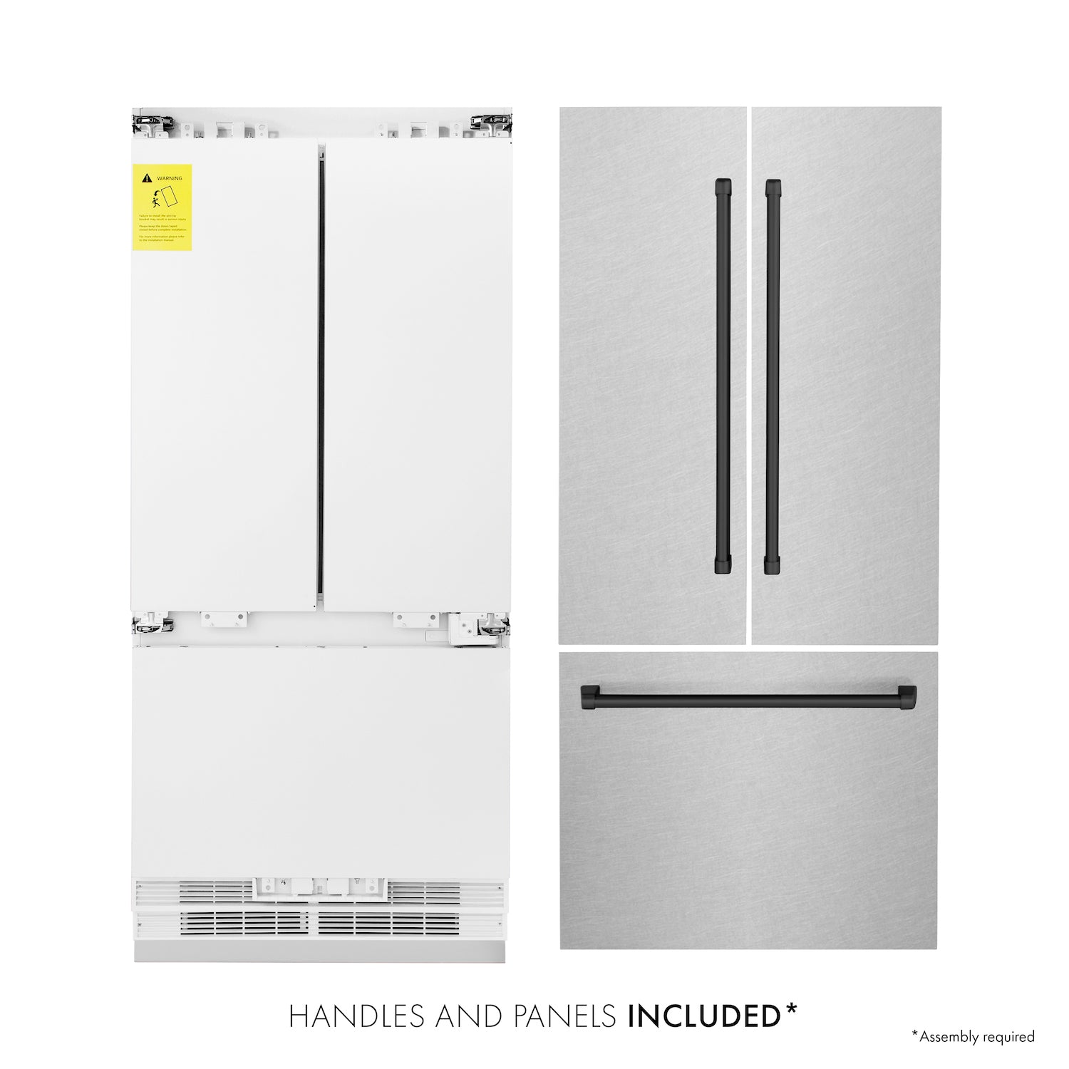 ZLINE Autograph Edition 36 in. 19.6 cu. ft. Built-in 2-Door Bottom Freezer Refrigerator with Internal Water and Ice Dispenser in Fingerprint Resistant Stainless Steel with Matte Black Accents (RBIVZ-SN-36-MB) front, refrigeration unit, panels, and handles separated .