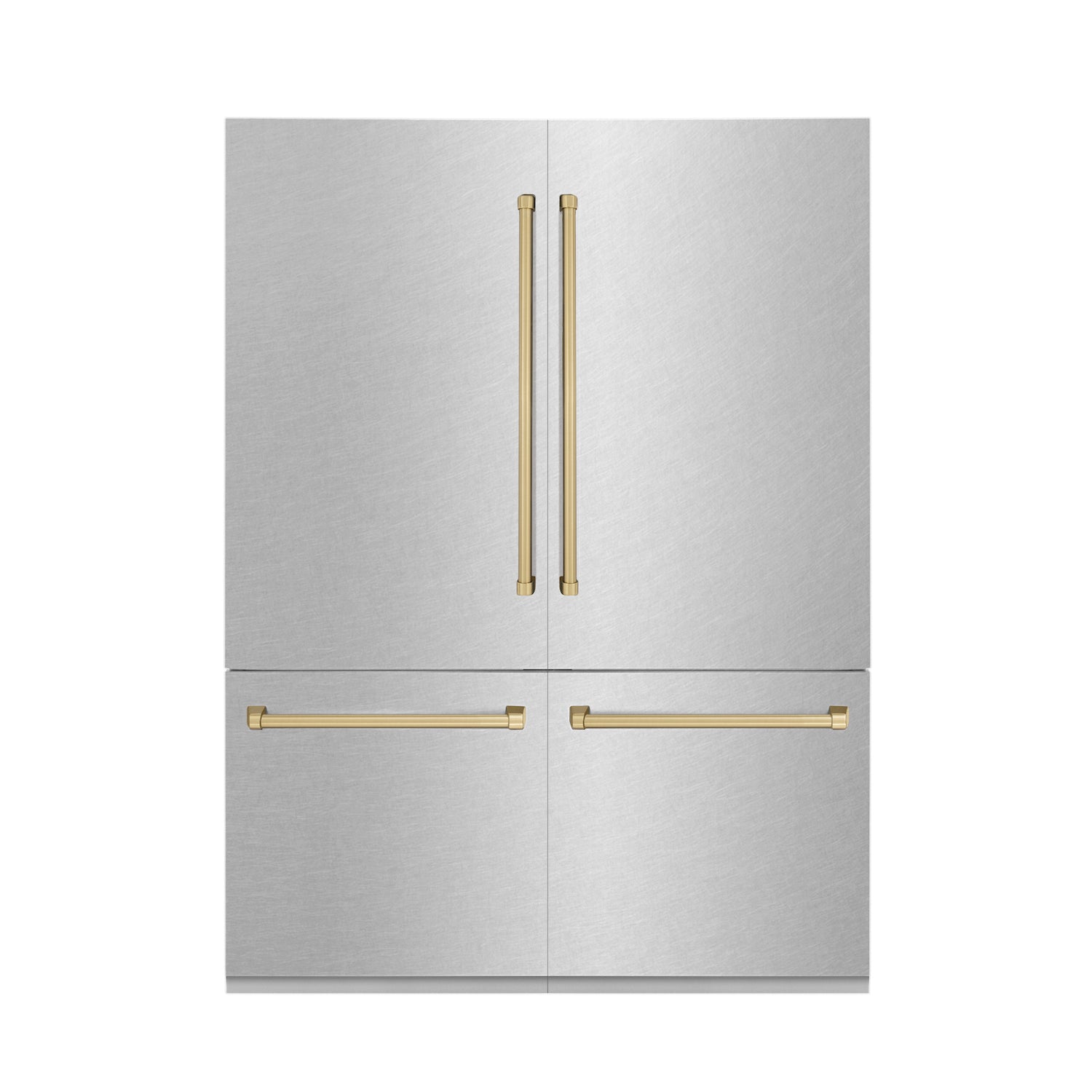 ZLINE Autograph Edition 60 in. 32.2 cu. ft. Built-in 4-Door French Door Refrigerator with Internal Water and Ice Dispenser in Fingerprint Resistant Stainless Steel with Champagne Bronze Accents (RBIVZ-SN-60-CB) front, closed.