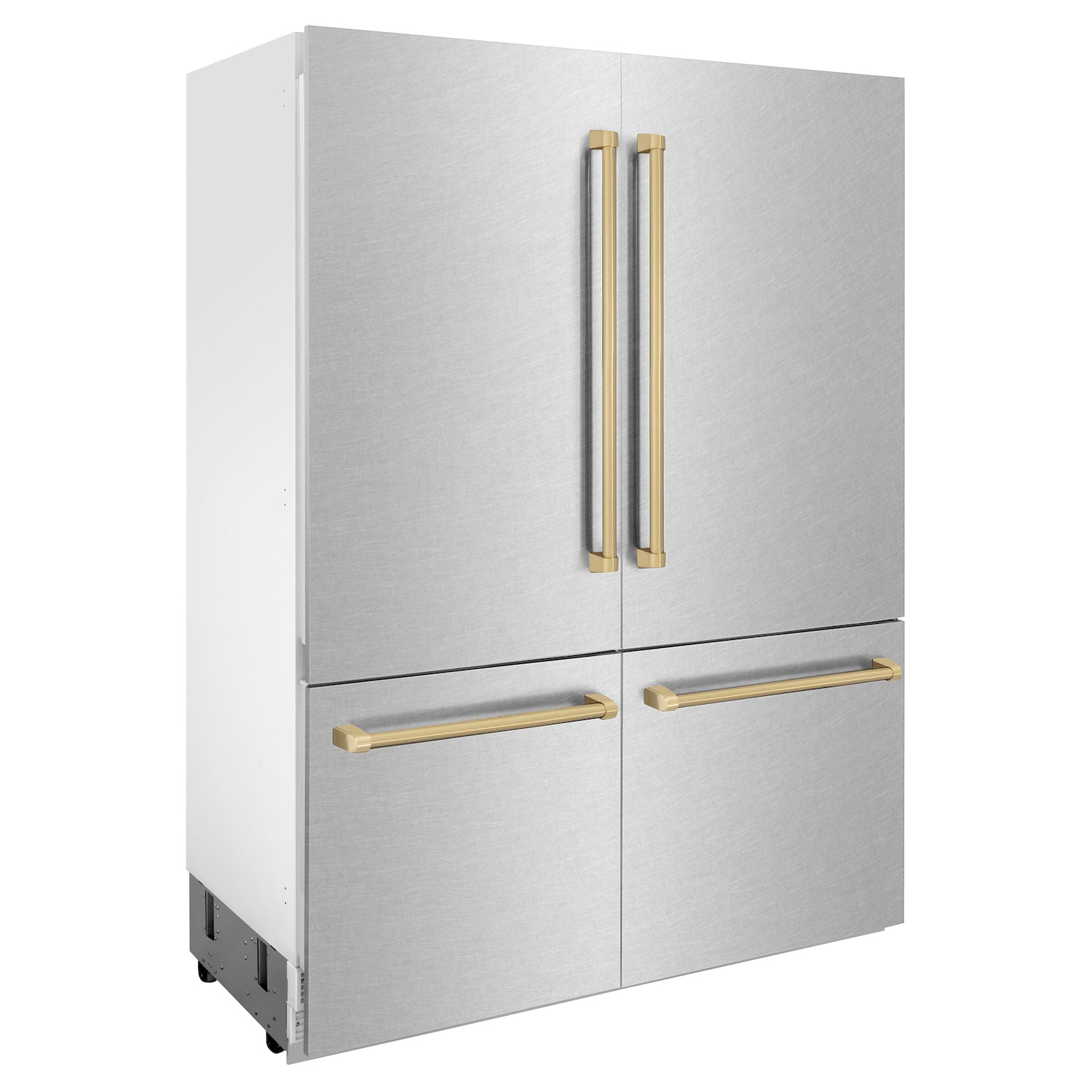 ZLINE Autograph Edition 60 in. 32.2 cu. ft. Built-in 4-Door French Door Refrigerator with Internal Water and Ice Dispenser in Fingerprint Resistant Stainless Steel with Champagne Bronze Accents (RBIVZ-SN-60-CB) side, closed.
