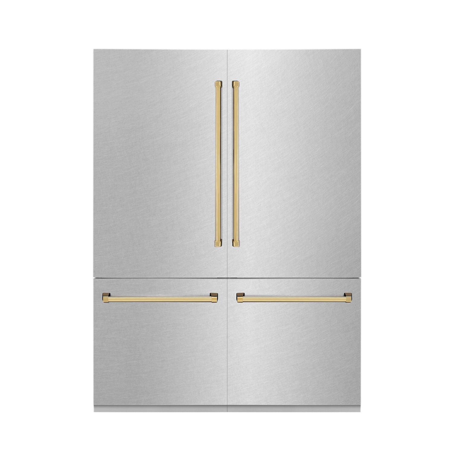 ZLINE Autograph Edition 60 in. 32.2 cu. ft. Built-in 4-Door French Door Refrigerator with Internal Water and Ice Dispenser in Fingerprint Resistant Stainless Steel with Polished Gold Accents (RBIVZ-SN-60-G) front, closed.