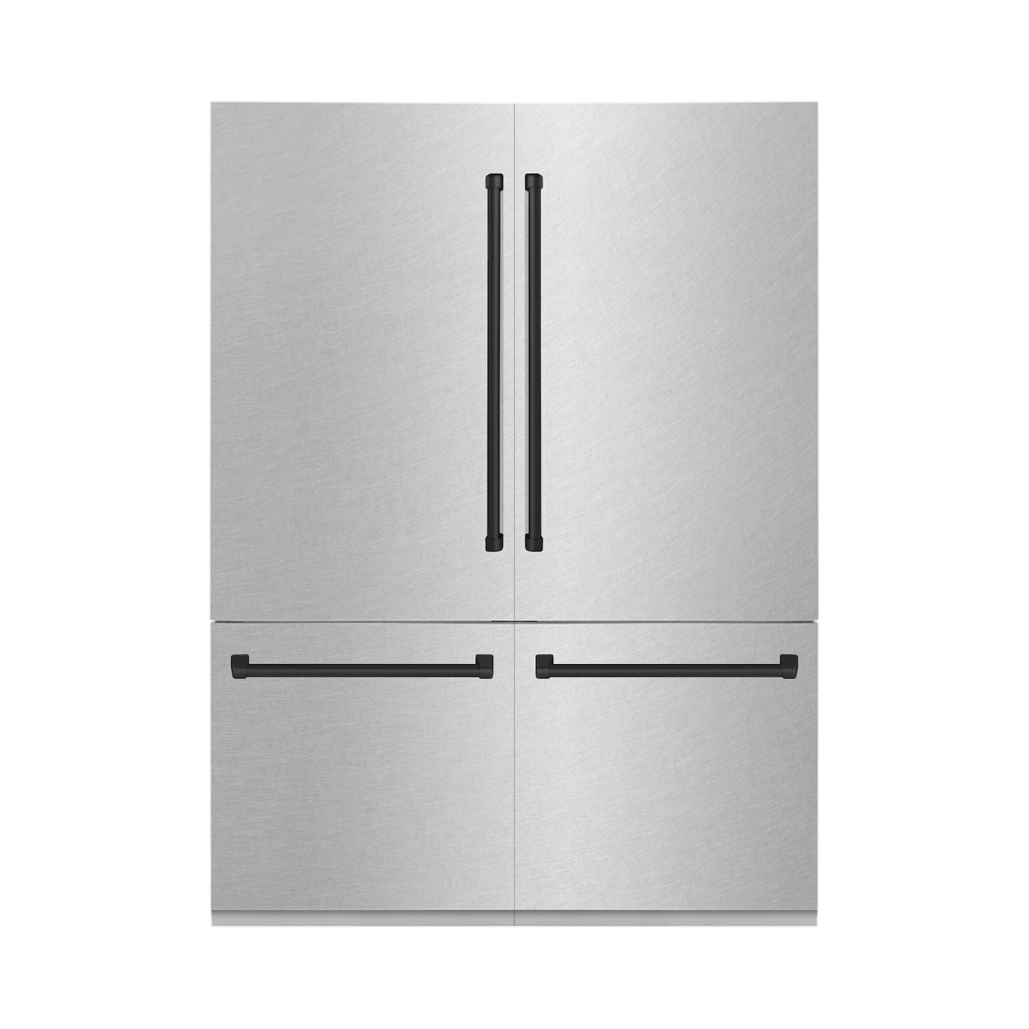 ZLINE Autograph Edition 60" Built-in French Door Refrigerator with DuraSnow Stainless Steel panels and Matte Black accents front.