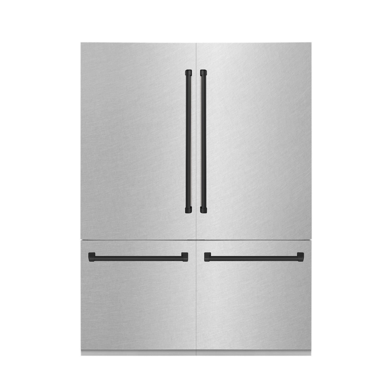 ZLINE Autograph Edition 60 in. 32.2 cu. ft. Built-in 4-Door French Door Refrigerator with Internal Water and Ice Dispenser in Fingerprint Resistant Stainless Steel with Matte Black Accents (RBIVZ-SN-60-MB) front, closed.