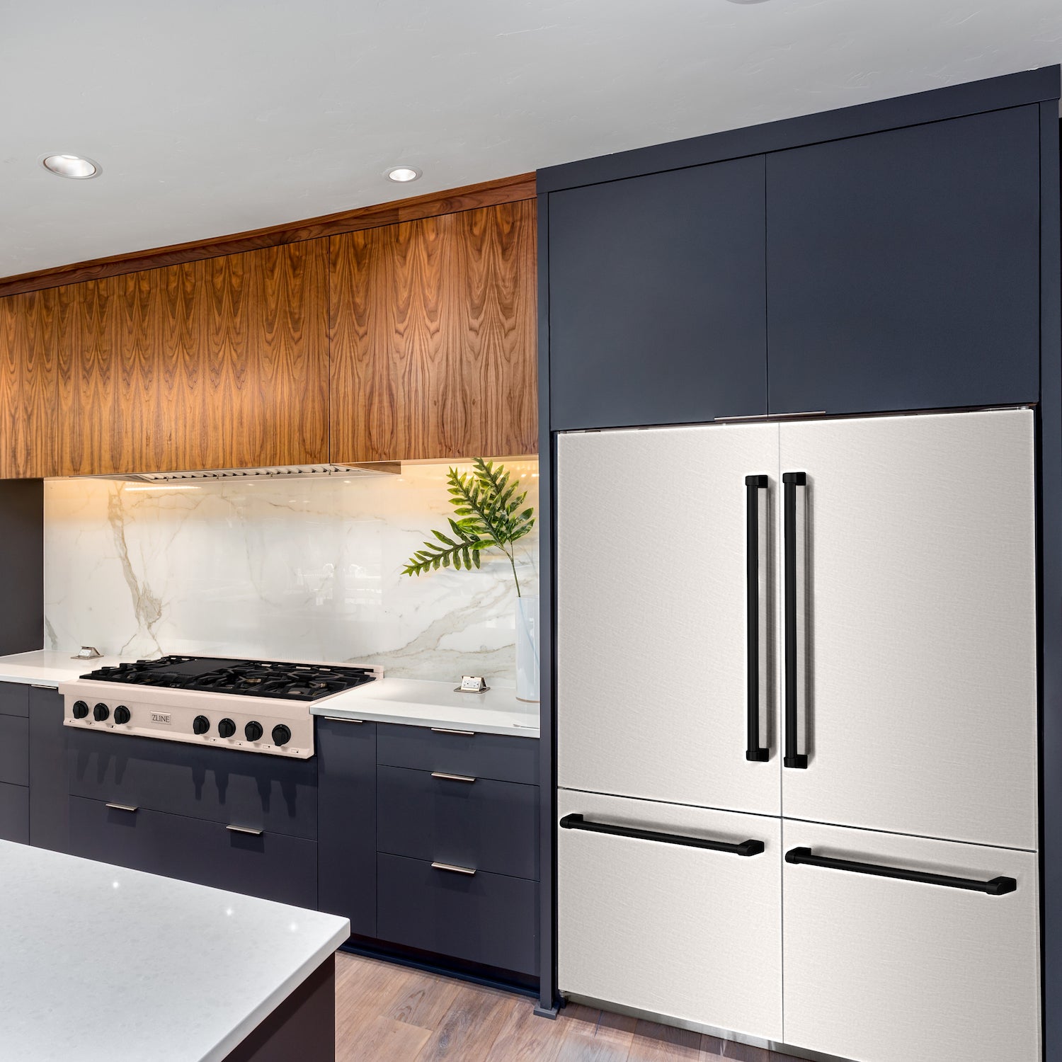ZLINE 60" Autograph Edition Built-in Refrigerator with Accent Handles in a kitchen with blue cabinetry.