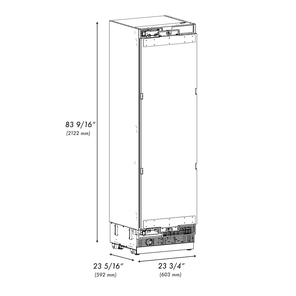 ZLINE 24 in. 12.4 cu. ft. Panel Ready Column Freezer with Graphite Gray Interior, Open Box-Good Condition dimensional diagram.