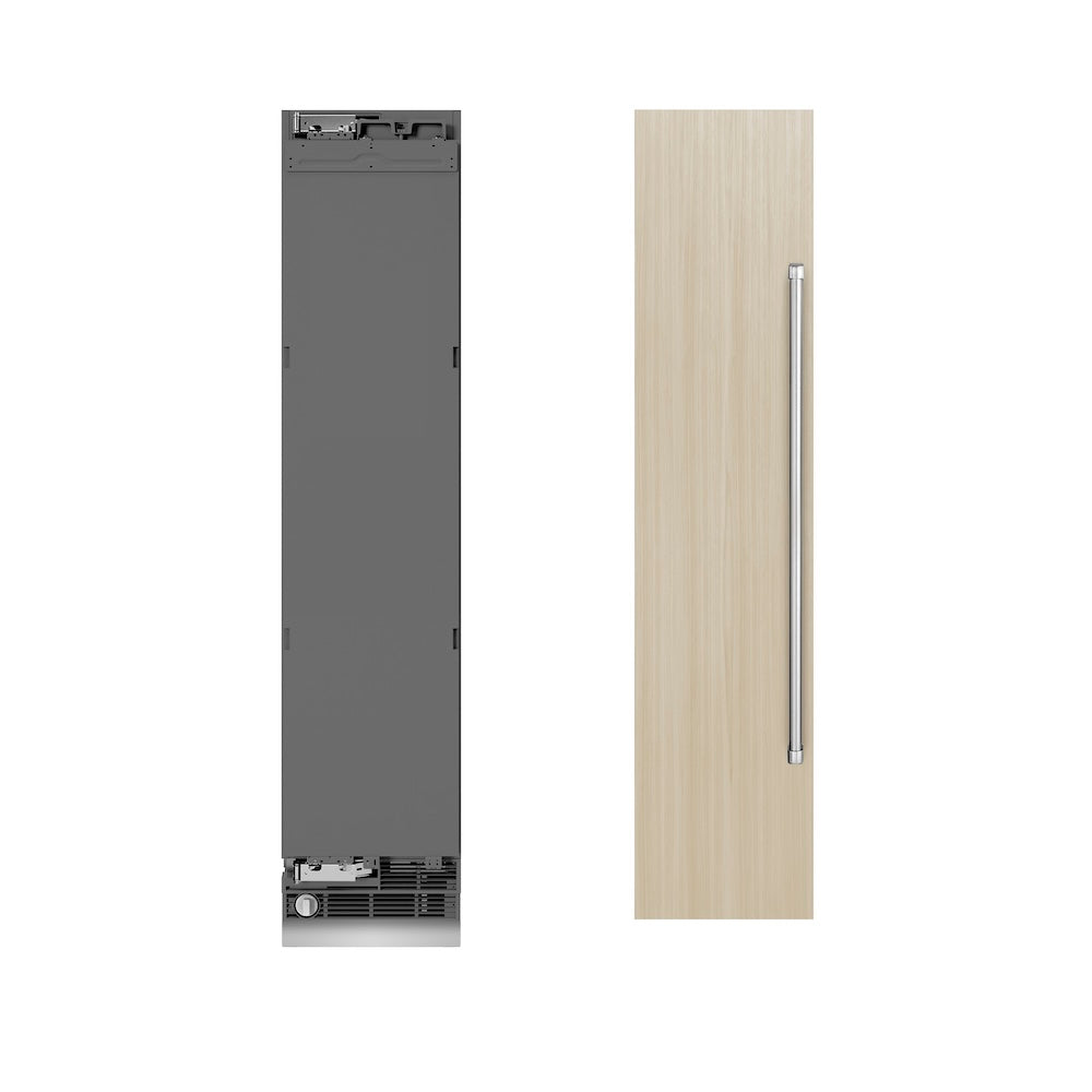 ZLINE 18 in. 8.6 cu. ft. Panel Ready Left Hinge Column Freezer with Graphite Gray Interior (RBCFVL-18) unit without panels next to custom panels.