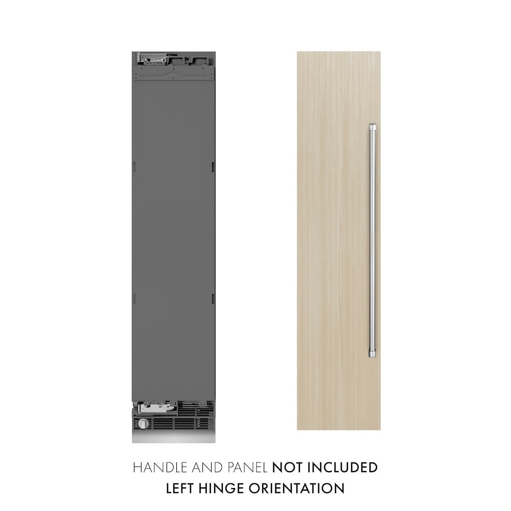 ZLINE 18 in. 8.6 cu. ft. Panel Ready Left Hinge Column Freezer with Graphite Gray Interior (RBCFVL-18) front, next to custom panel and handle. Text: Panel and handle not included.