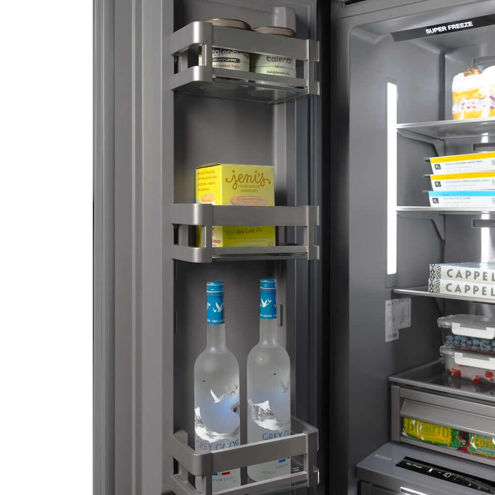 ZLINE Autograph Edition 18 in. 8.6 cu. ft. Panel Ready Left Hinge Column Freezer with Graphite Gray Interior and Champagne Bronze Accents (RBCFVLZ-18-CB) door open detail.