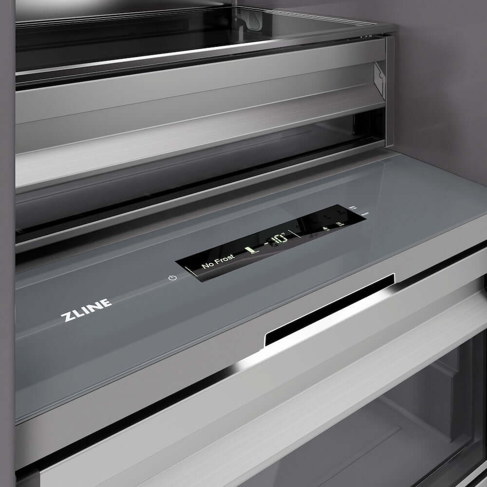ZLINE Autograph Edition 18 in. 8.6 cu. ft. Panel Ready Left Hinge Column Freezer with Graphite Gray Interior and Champagne Bronze Accents (RBCFVLZ-18-CB) touch controls and display.