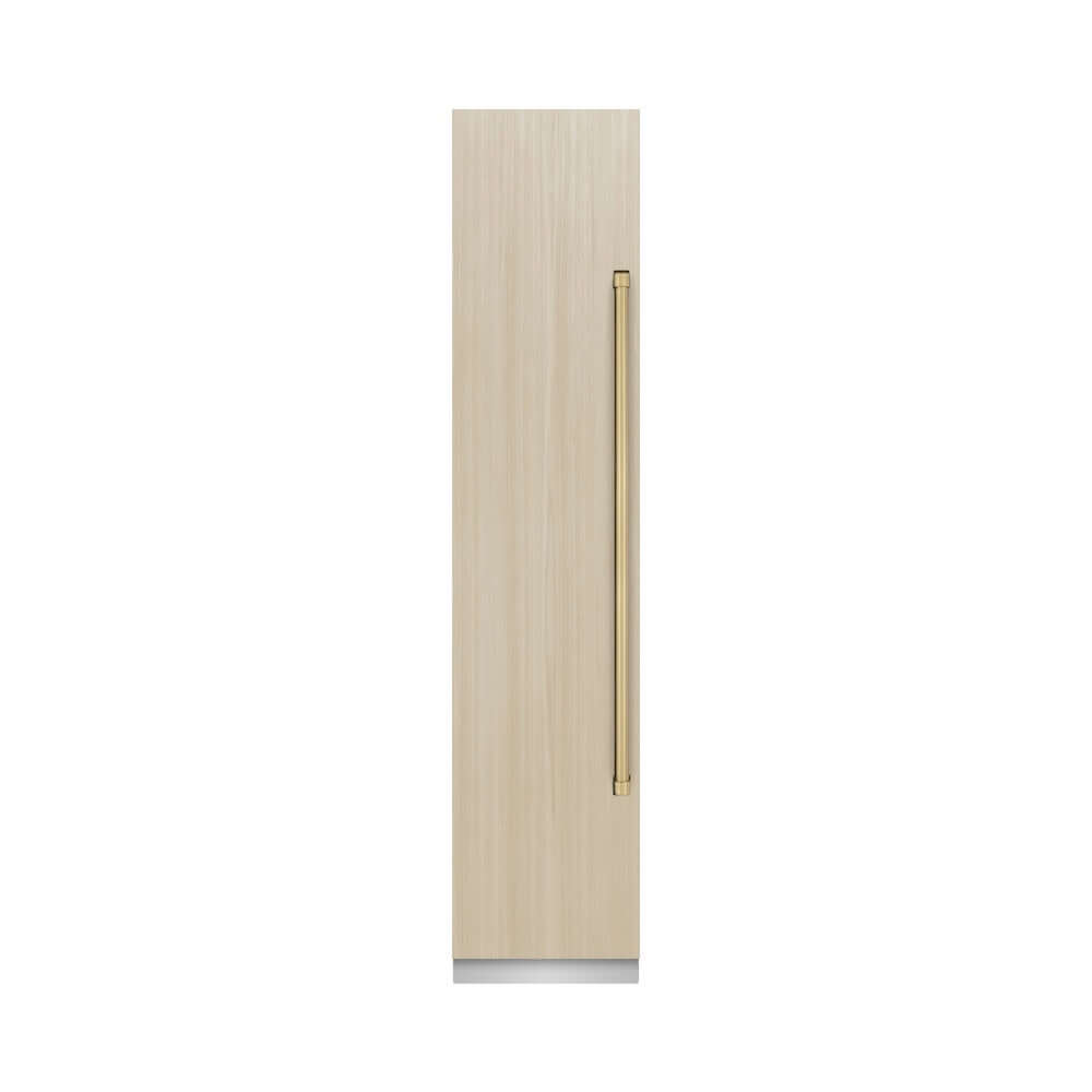 ZLINE Autograph Edition 18 in. 8.6 cu. ft. Panel Ready Left Hinge Column Freezer with Graphite Gray Interior and Champagne Bronze Accents (RBCFVLZ-18-CB) front, closed, with custom panel.