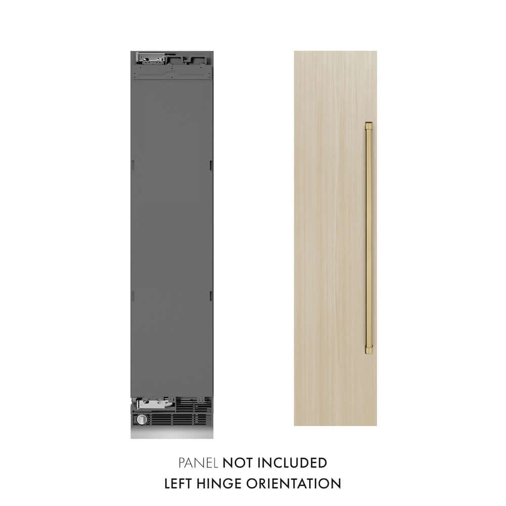 ZLINE Autograph Edition 18 in. 8.6 cu. ft. Panel Ready Left Hinge Column Freezer with Graphite Gray Interior and Champagne Bronze Accents (RBCFVLZ-18-CB) front, next to custom panels. Text: Panels not included.