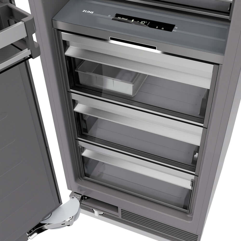 ZLINE Autograph Edition 18 in. 8.6 cu. ft. Panel Ready Left Hinge Column Freezer with Graphite Gray Interior and Polished Gold Accents (RBCFVLZ-18-G) storage drawers.