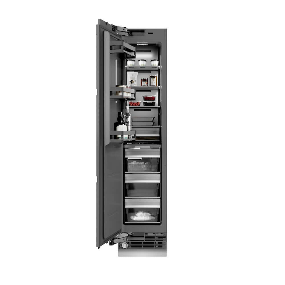 ZLINE Autograph Edition 18 in. 8.6 cu. ft. Panel Ready Left Hinge Column Freezer with Graphite Gray Interior and Polished Gold Accents (RBCFVLZ-18-G) front, open, with food inside.