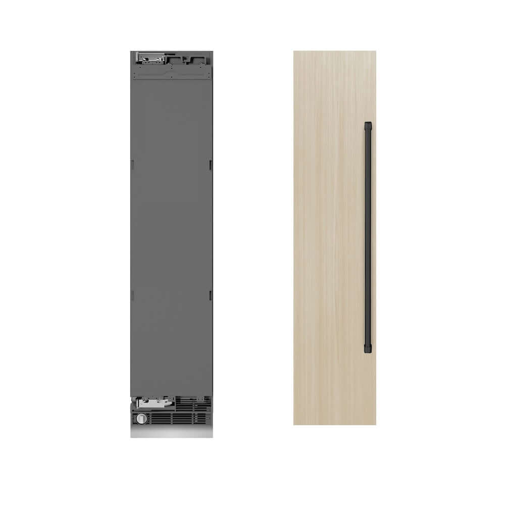 ZLINE Autograph Edition 18 in. 8.6 cu. ft. Panel Ready Left Hinge Column Freezer with Graphite Gray Interior and Matte Black Accents (RBCFVLZ-18-MB) unit without panels next to custom panels.