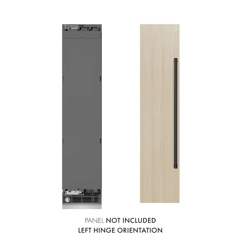 ZLINE Autograph Edition 18 in. 8.6 cu. ft. Panel Ready Left Hinge Column Freezer with Graphite Gray Interior and Matte Black Accents (RBCFVLZ-18-MB) front, next to custom panels. Text: Panels not included.