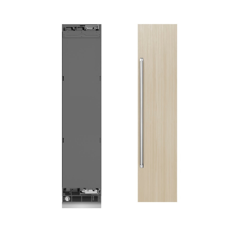 ZLINE 18 in. 8.6 cu. ft. Panel Ready Right Hinge Column Freezer with Graphite Gray Interior (RBCFVR-18) unit without panels next to custom panels.
