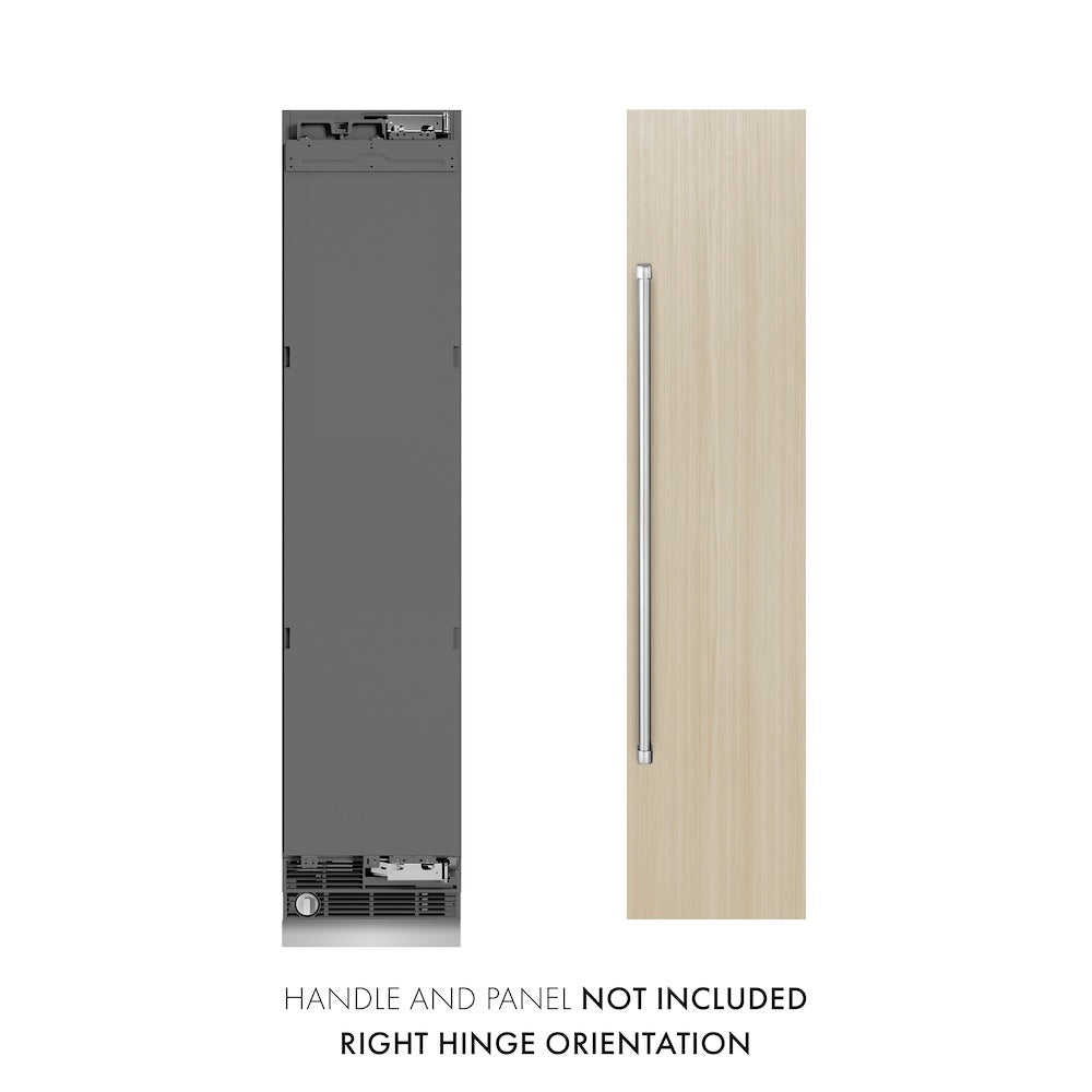 ZLINE 18 in. 8.6 cu. ft. Panel Ready Right Hinge Column Freezer with Graphite Gray Interior (RBCFVR-18) front, next to custom panel and handle. Text: Panel and handle not included.