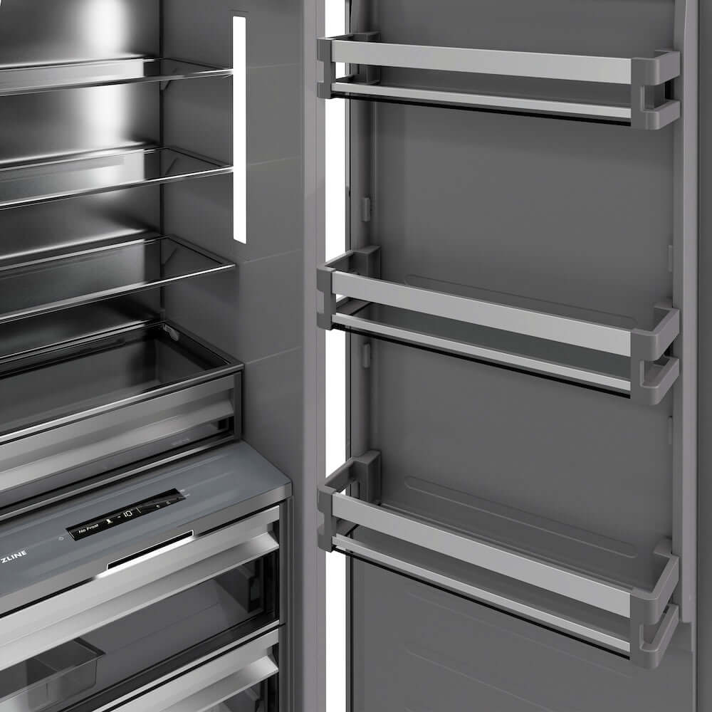 ZLINE Autograph Edition 18 in. 8.6 cu. ft. Panel Ready Right Hinge Column Freezer with Graphite Gray Interior and Champagne Bronze Accents (RBCFVRZ-18-CB) door open detail.